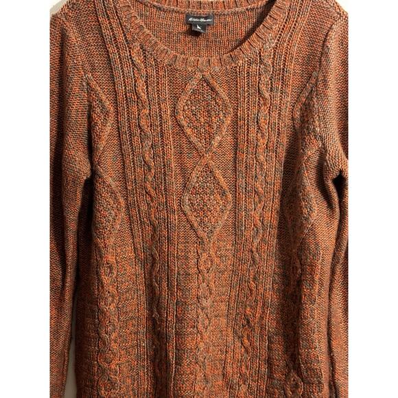 Eddie Bauer Sweater Sz L Orange Brown Wool Blend Cable Knit Cottage Retro Fall - Picture 2 of 8